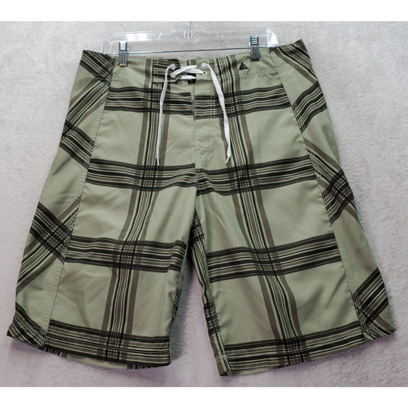 Wonderwall Board Shorts Mens 34 Green Plaid 100% Polyester Zip Pocket Drawstring - Picture 1 of 8
